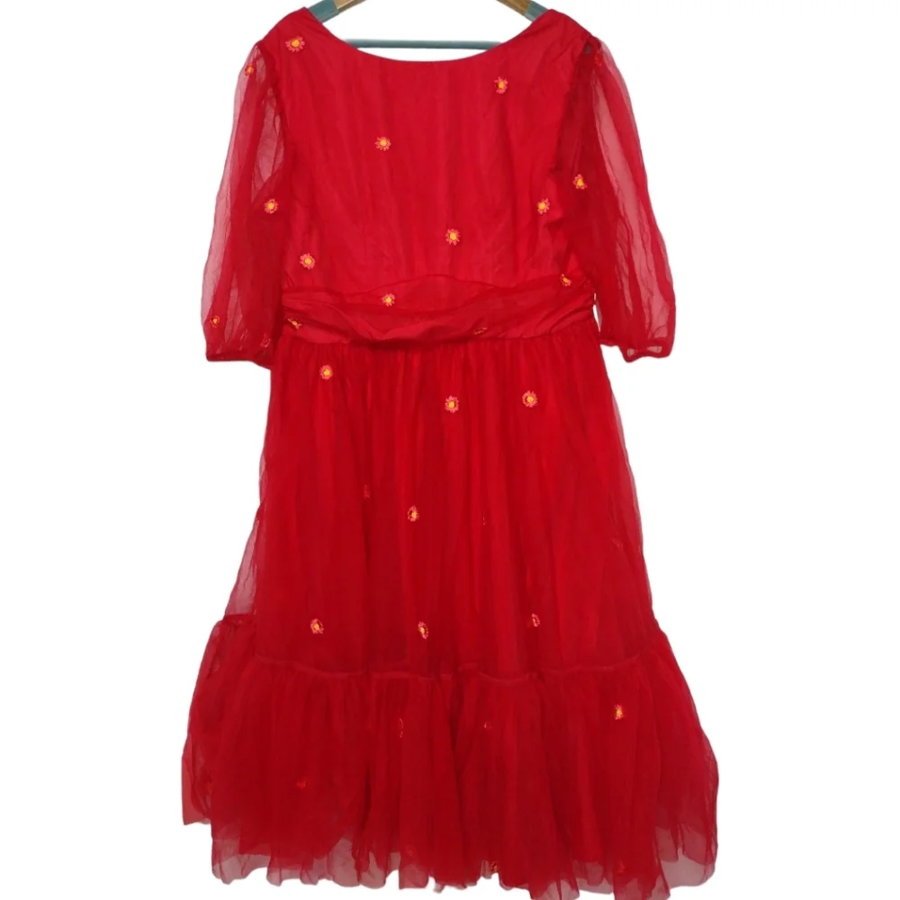 Eshakti Wayward Fancies Floral Embroidery Mesh Ruched Empire Dress